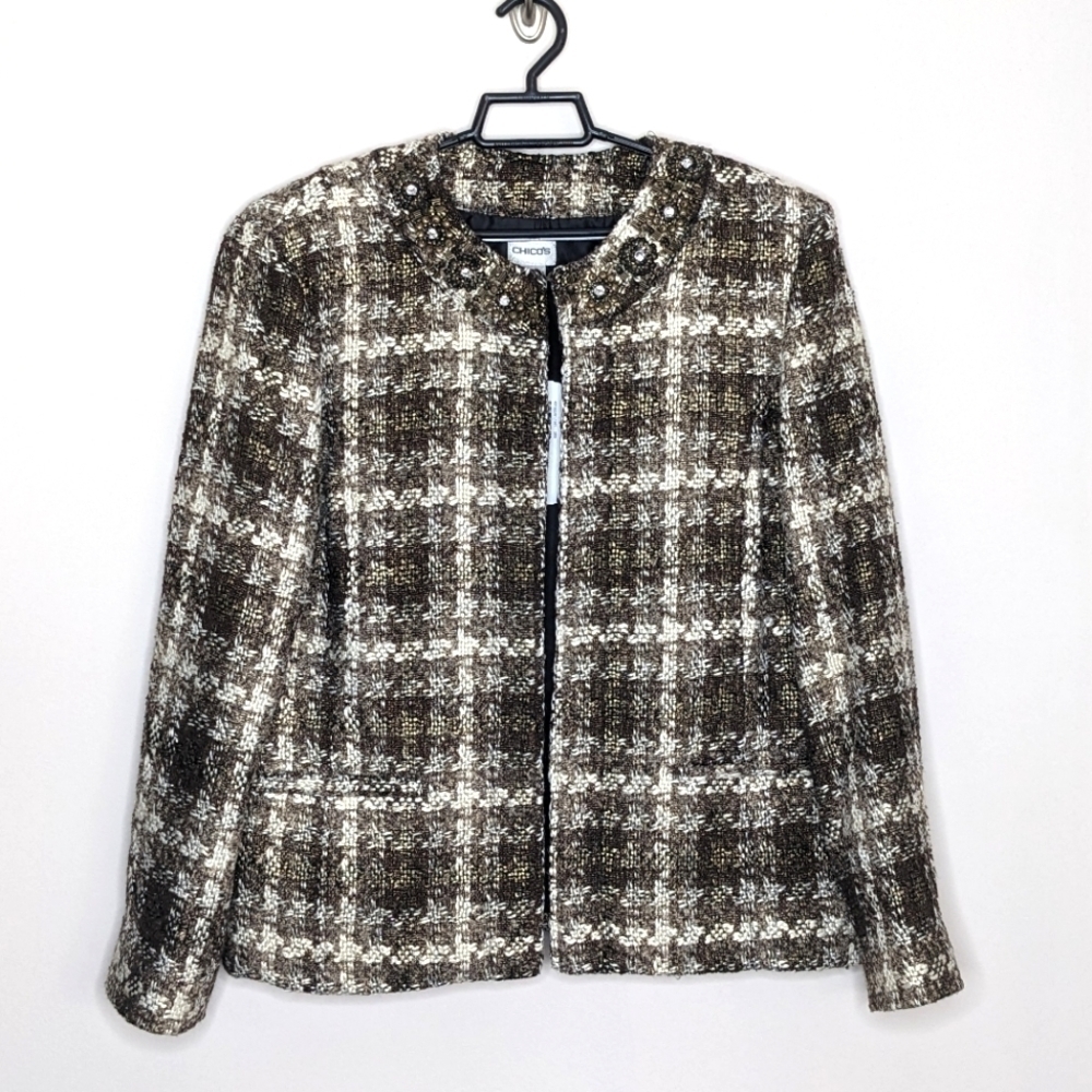 NWT Chico's Forever Chic Mariette Brown Tweed Dress Blazer Suit Jacket 2 L 12